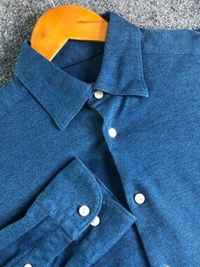 Eton Dress Shirt Mens Large Blue Slim Long Sleeve Button Pique Cotton Knit